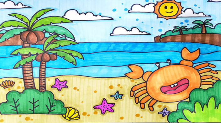 然后给椰子树和地面上色,小岛涂棕,海面和天空涂蓝,沙滩上的儿童画就
