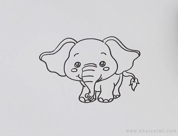 1,先画出大象的脑袋轮廓,顺着画出长长的鼻子和可爱的表情,还有两片大