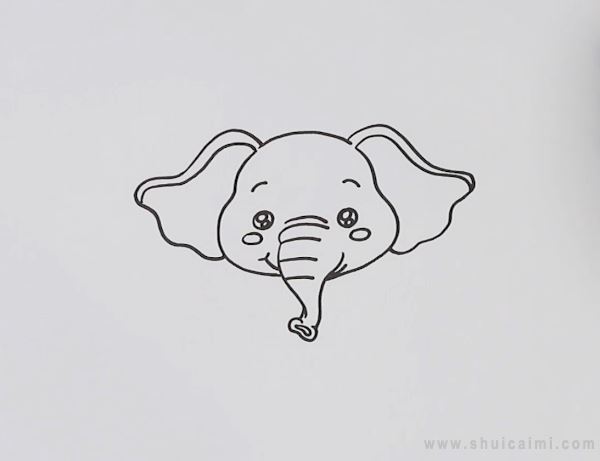 1,先画出大象的脑袋轮廓,顺着画出长长的鼻子和可爱的表情,还有两片大