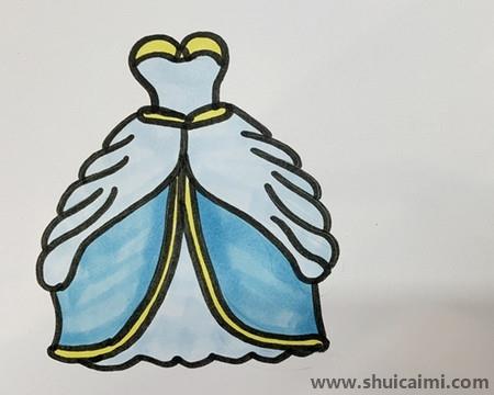 最后给裙子用深浅两只蓝色涂上,这样一件漂亮的婚纱裙的简笔画就画好