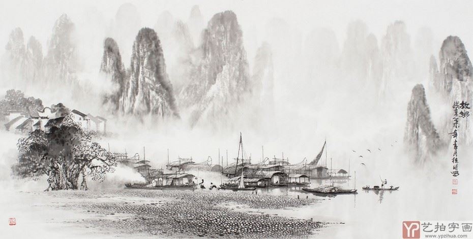 画家李可染手绘桂林山水水墨画图片