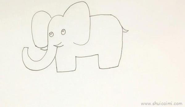 1.我们先把大象的鼻子画出来,接着画耳朵,再把大象的身体画出来,2.