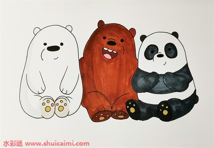 2,继续在右侧画上熊猫胖达,胖达也是坐在地上的,双手举到下巴的位置