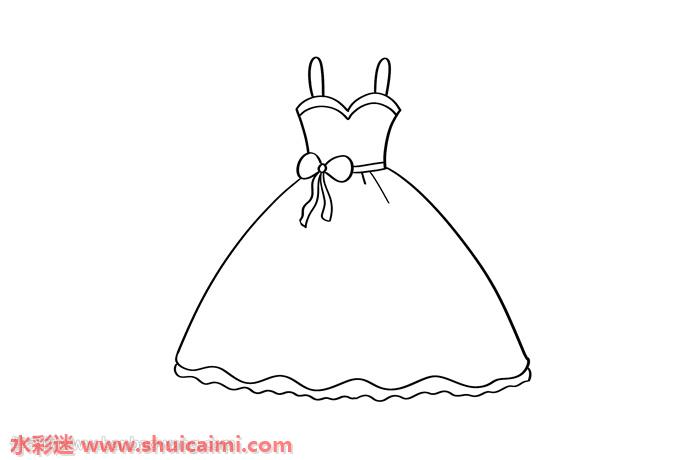 婚纱简笔画的画法步骤图解 1,首先画出婚纱裙的上半部分,肩部是吊带