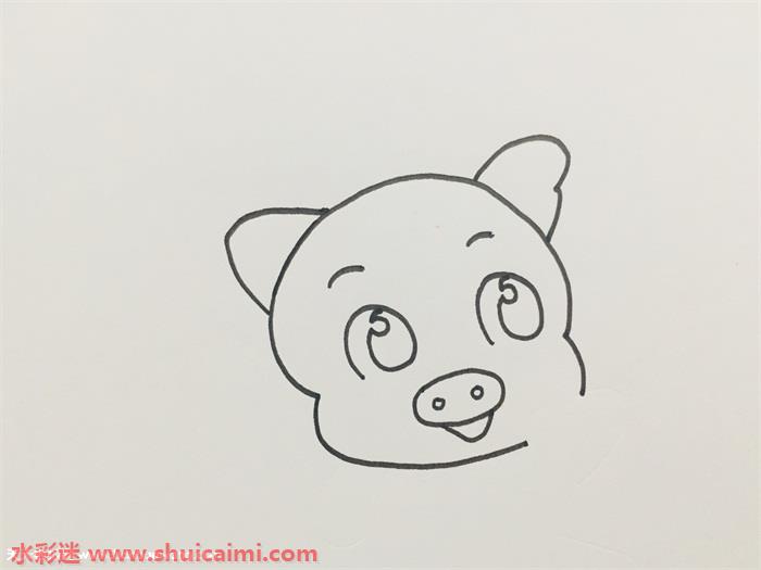 2,接下来画出小猪的眼睛和鼻子,眼睛上面是两道睫毛,眼睛要画得稍微大