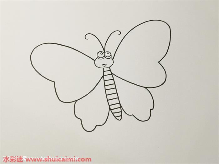 4,现在蝴蝶翅膀的外围画上一圈边缘线条后,再添画处翅膀上的其他一些