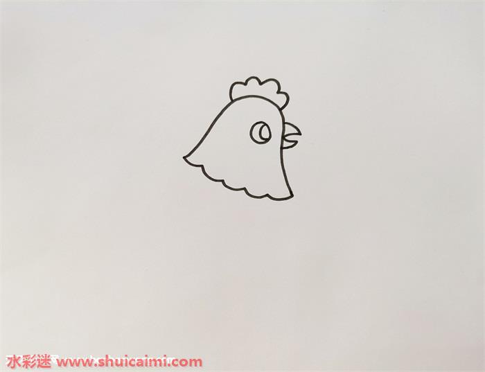 画出母鸡的头部,头顶画上鸡冠,注意线条是有弧度的,画出它的一只眼睛