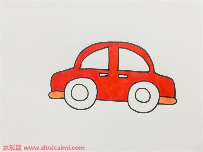 1,首先画出汽车的车身侧面两个轮胎的圆形轮廓,画出连接两个轮胎的车