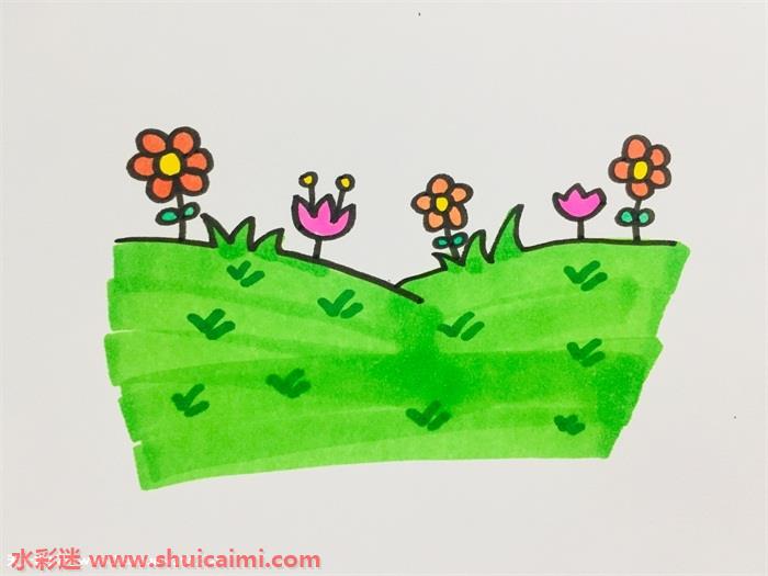 2,草地上有草的话就会有花,所以在草地上面我们可以画一些小花,这样