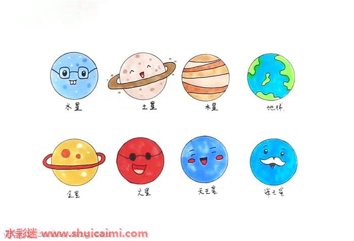 第二个画上圆环和表情……3,接下来在每个星球下面写上他们相对应的