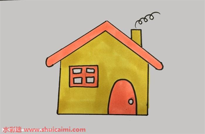 4,给房顶与门窗涂上亮橙色,墙面与烟囱用黄色涂上,简单的小房子就画好