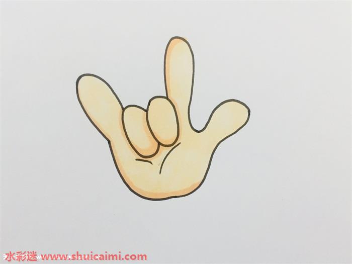 2,然后在手掌中心画出完整的弯曲的手指,手指形状像两个椭圆形,中指的