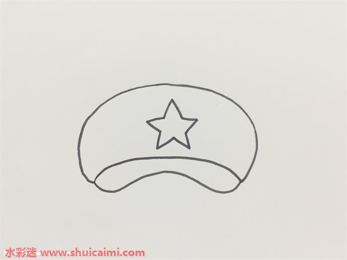 画出一条弧线,使其形成一个横着的弯月形状的封闭图形,这是帽子上半