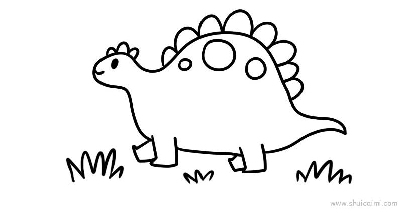 2,然后勾勒恐龙的身体线条和背上的角;3,再画恐龙的四条腿和一些绿草