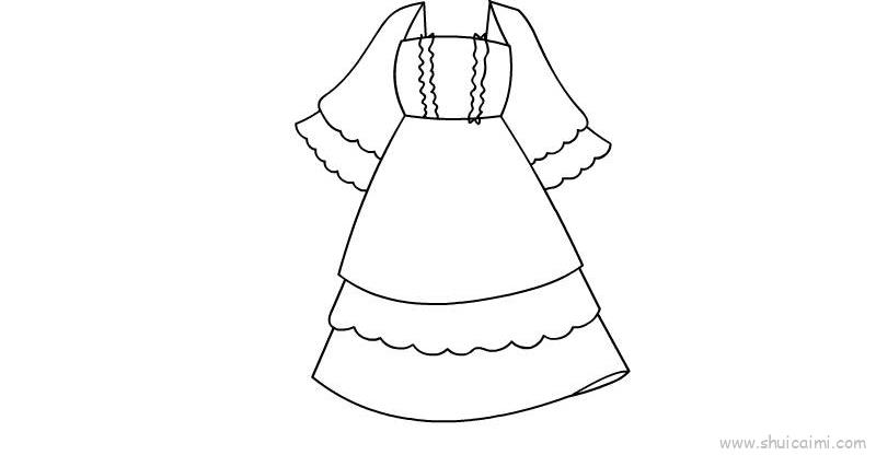 1.先画出裙子的衣领处;2.再画出裙子的衣袖和下摆;3.