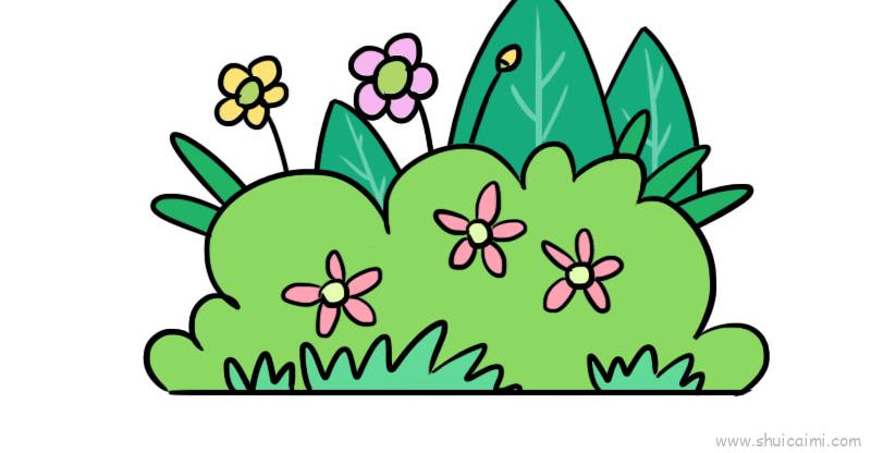 2,然后画花朵和叶子;1,首先画草丛和小草;一幅春天简笔画画法图解