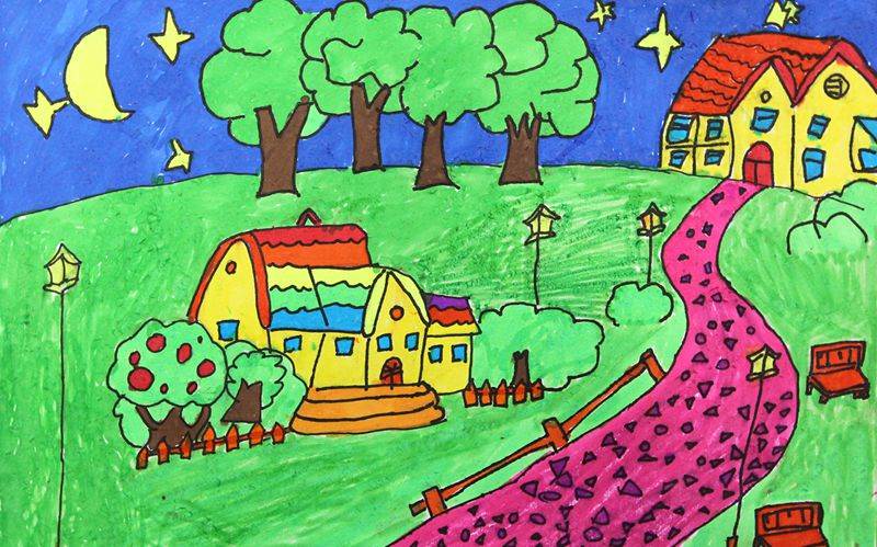 美丽乡村儿童画儿童画美丽家乡参赛画图片儿童水彩画获奖作品:家乡的