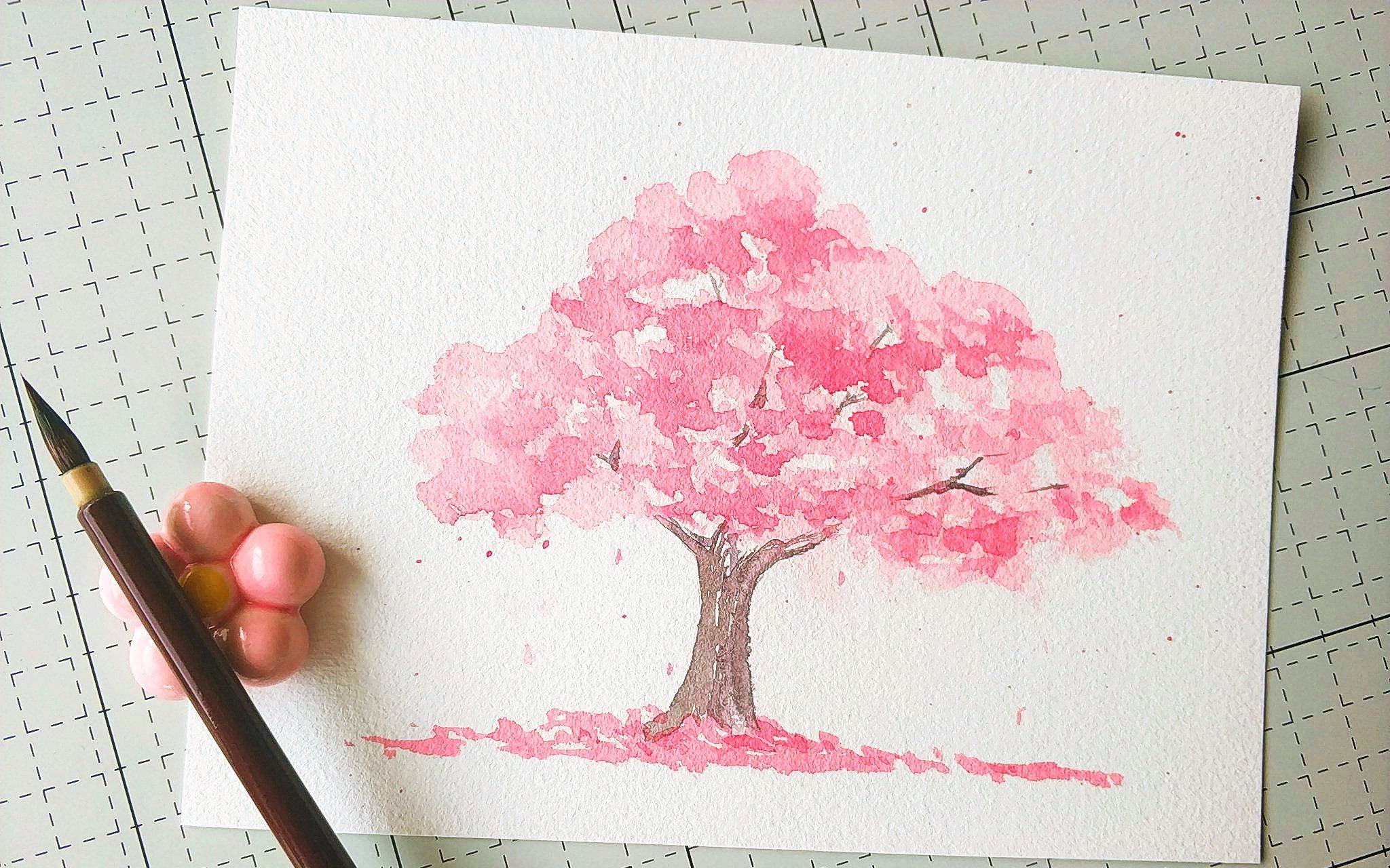 【水彩】樱花树手绘樱花树h5背景黎明画业《樱花树》纯手绘油画家居