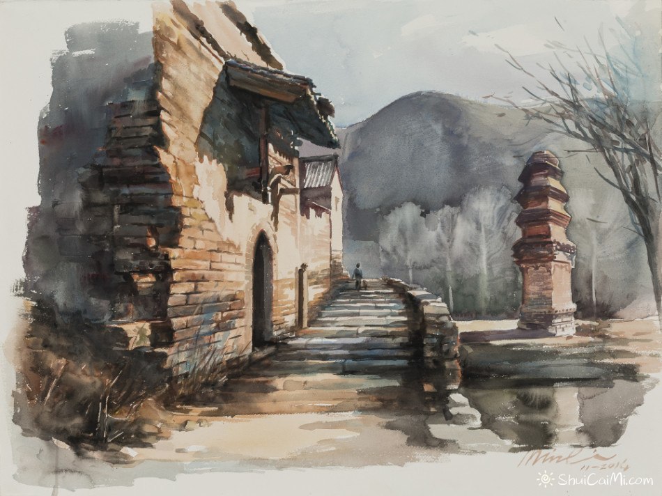 李民家乡风景水彩画作品