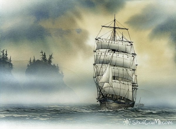 James Williamson航海帆船风景水彩画作品 - 爱画网