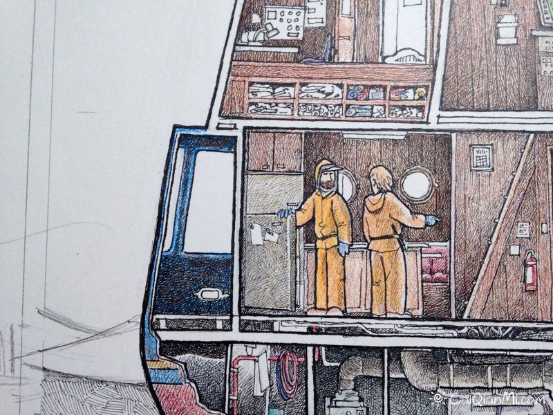 美国渔夫托马斯的透视渔船精致彩铅画作品