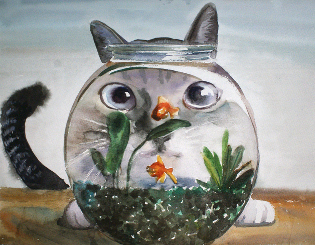 杨阳可爱猫咪动物水彩画作品欣赏