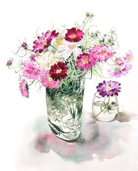 日本画家柘植彩子静物水彩画花瓶里的花卉分享第一弹 水彩迷