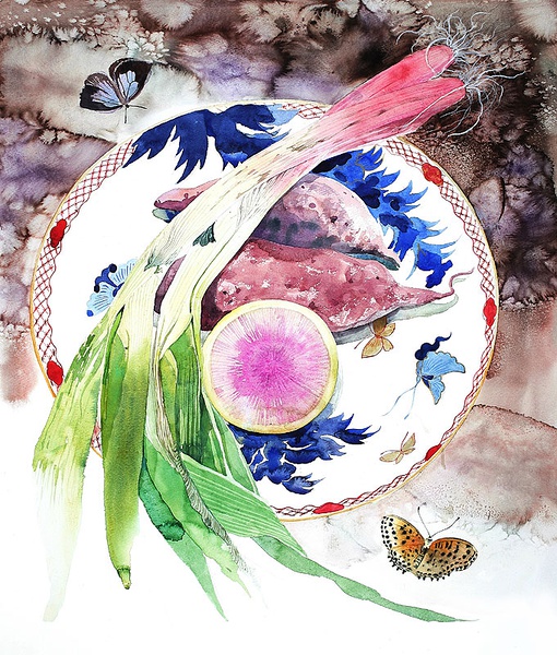 日本画家柘植彩子蔬菜瓜果水彩画作品