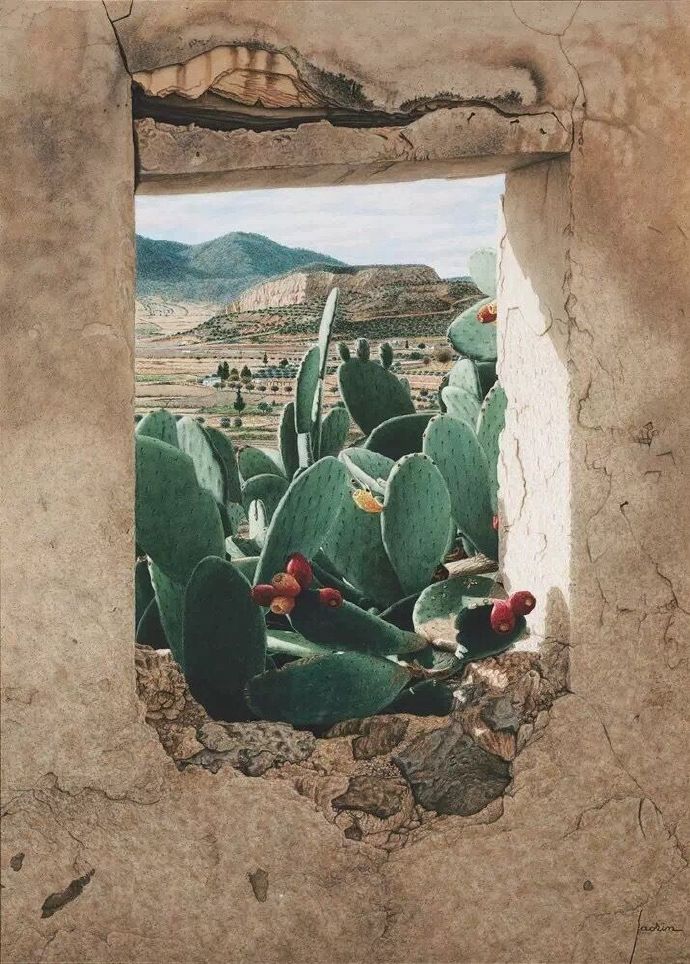 耶稣·洛萨诺 Jesús Lozano Saorin废弃窗口风景写实水彩画作品 ​​​​ - 爱画网