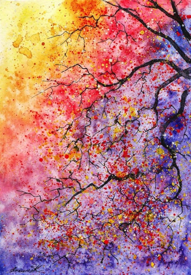 乌克兰艺术家Anna Armona色彩绚烂梦幻的森林风景水彩画作品 - 爱画网