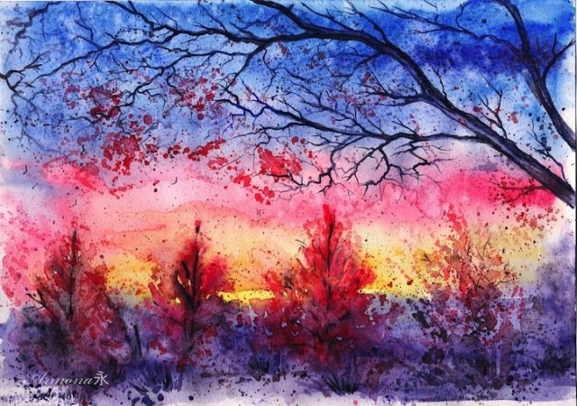 乌克兰艺术家annaarmona色彩绚烂梦幻的森林风景水彩画作品