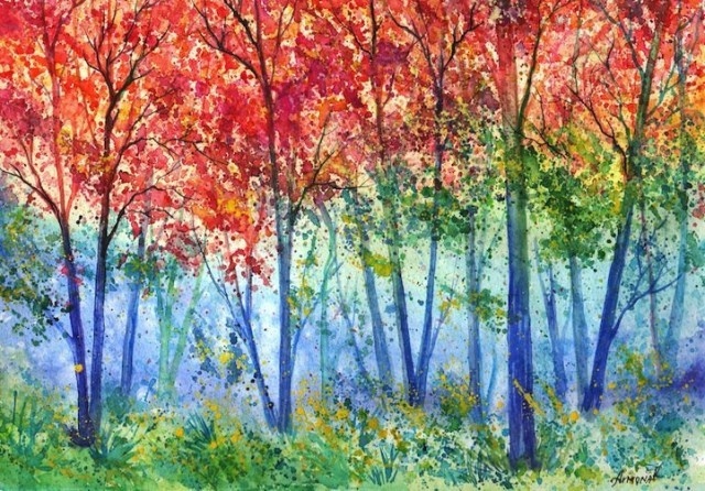 乌克兰艺术家annaarmona色彩绚烂梦幻的森林风景水彩画作品