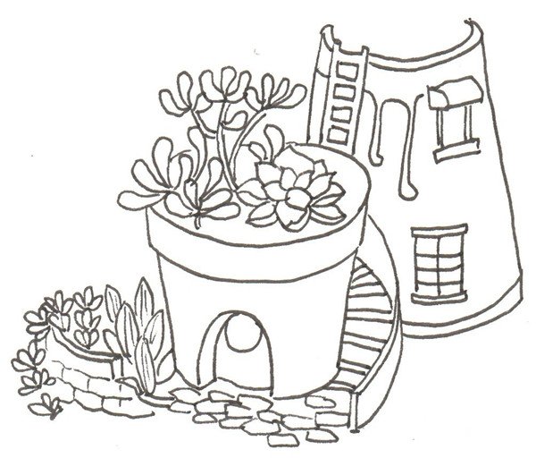 卡通画多肉的简笔画绘画步骤四④在左下角画一些幼小植物