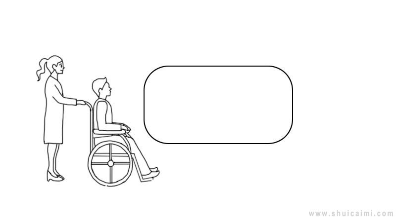 1,首先画一个正在推轮椅的人,接着画出轮椅上的老人,旁边再画一个写作