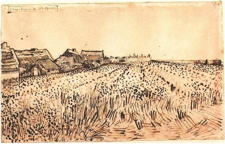 桑特观与公墓玛里埃什 瑞士 1888年5月31-6月4日 铅笔，绘图纸 芦苇笔和纸放在棕色墨水 私人收藏
