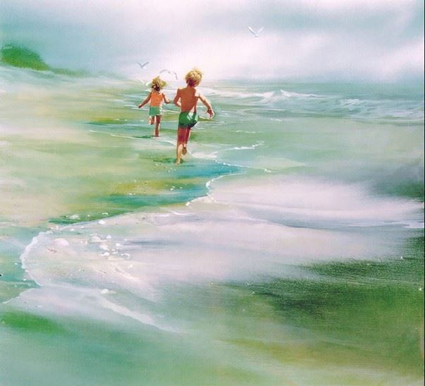 手绘踏海的少年水彩插画图片欣赏 水彩迷