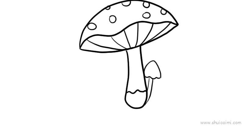 2,然后画蘑菇的枝干;3,再画一颗小蘑菇在大蘑菇背后;4,最后把画好的