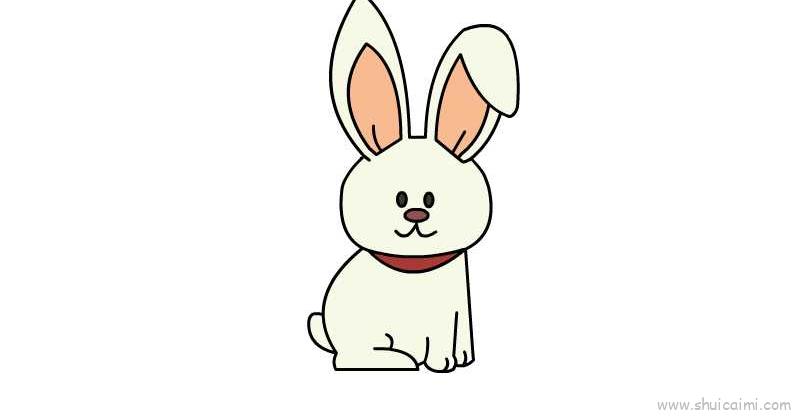 2,画出兔子的两只大耳朵;3,画出兔子的身体和尾巴;4,将兔子涂上颜色就