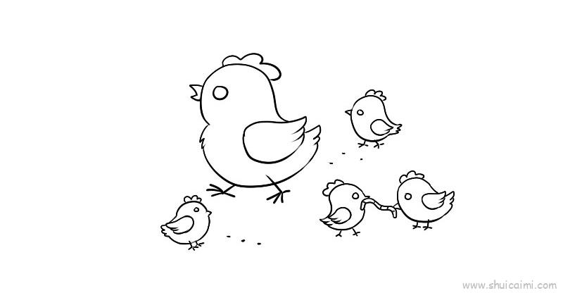 1,首先画一个大母鸡;2,然后画两只小鸡和嘴里的虫子;3,再画两只小鸡和