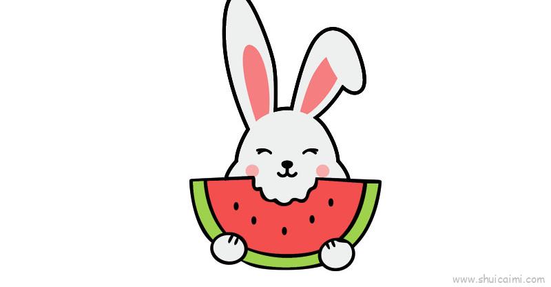 小动物之小白兔吃西瓜儿童画怎么画 小动物之小白兔吃西瓜简笔画图片