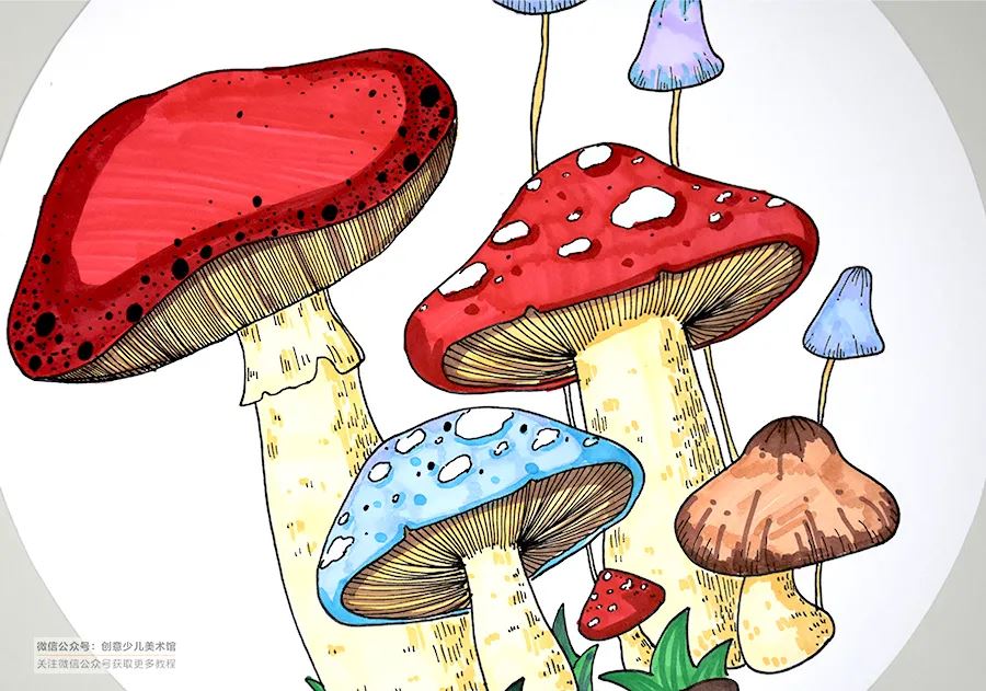 选择合适的颜色为蘑菇涂上不同的色彩在色块上可以通过色彩的叠加