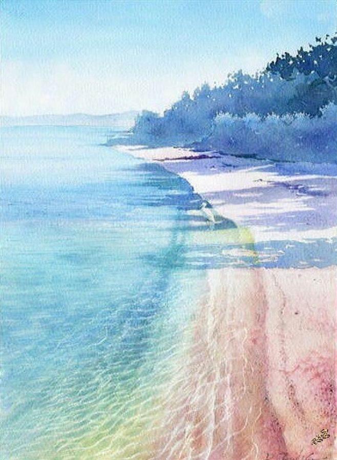 手绘海滩帆船背景水彩手绘夏威夷海滩背景水彩风景画大海海边风景图片