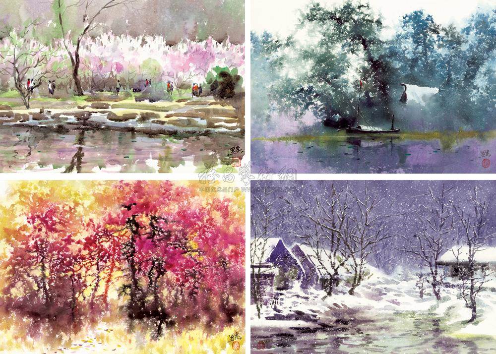 春夏秋冬的四幅水彩画 春夏秋冬四个季节图画水彩画