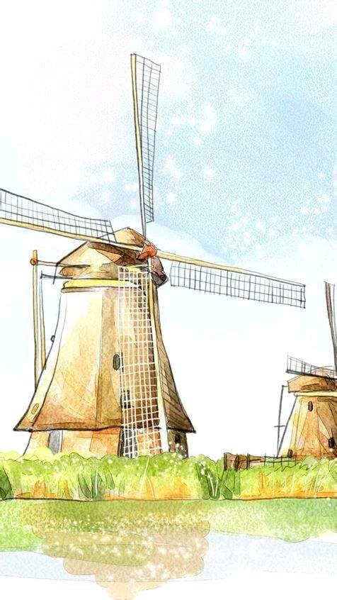 荷兰风车水彩画 荷兰风车风景彩铅画
