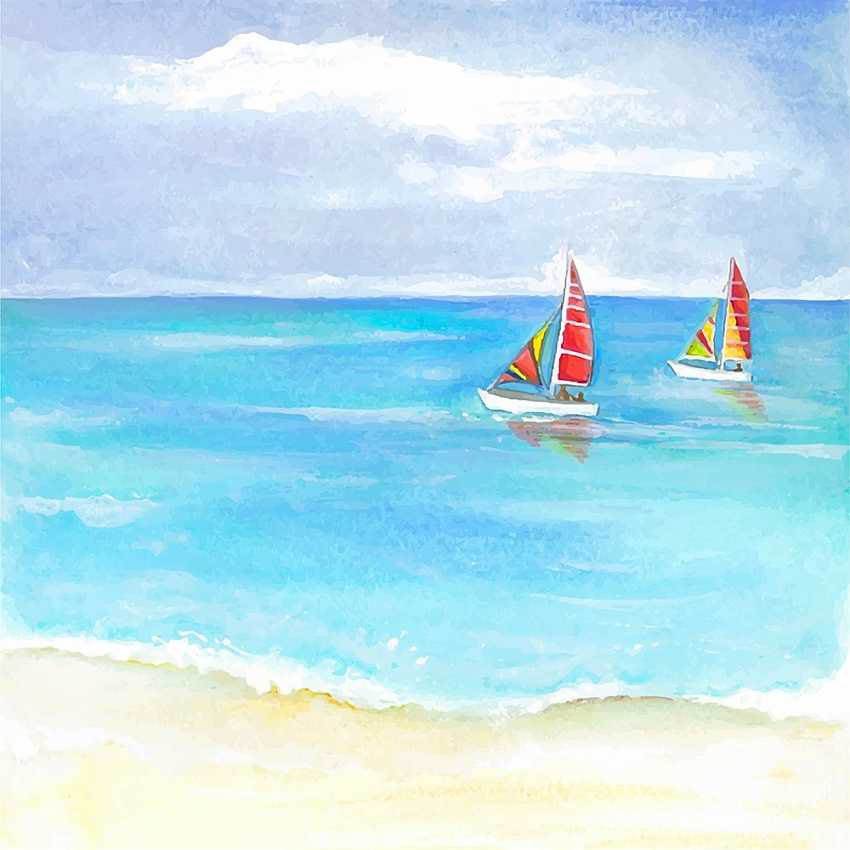水彩手绘海滩帆船背景水彩手绘夏威夷海滩背景水彩风景画大海海边风景