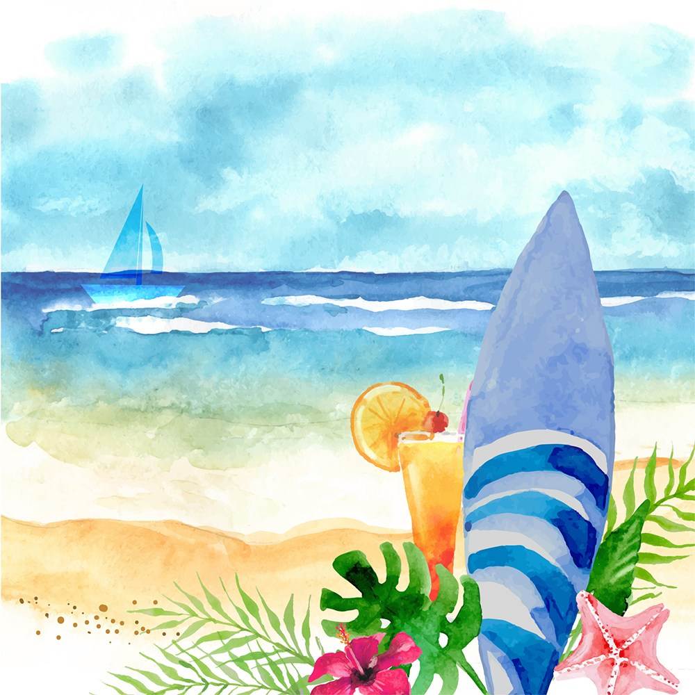 水彩手绘夏威夷海滩背景水彩风景画大海海边风景图片