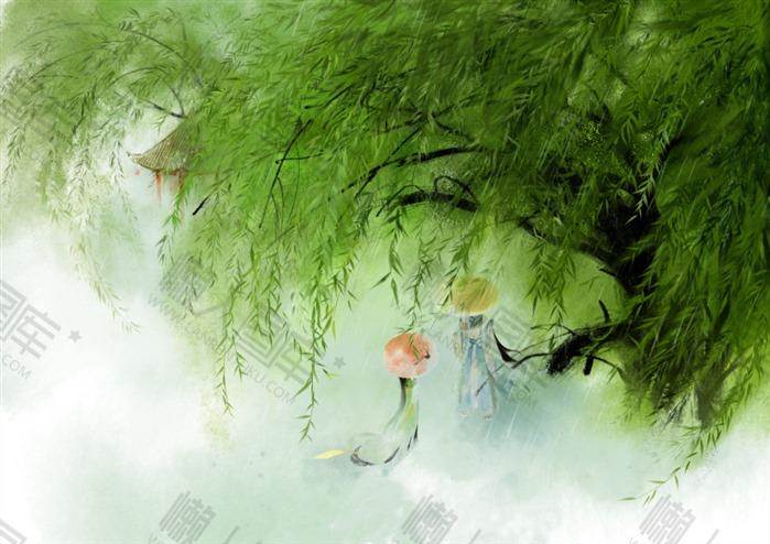 《有柳树的风景》80x111cm纸本水彩2017唯美水彩绘画作品,一世耕耘