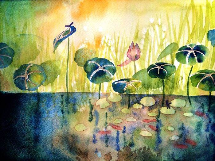 池塘风景画水粉图片