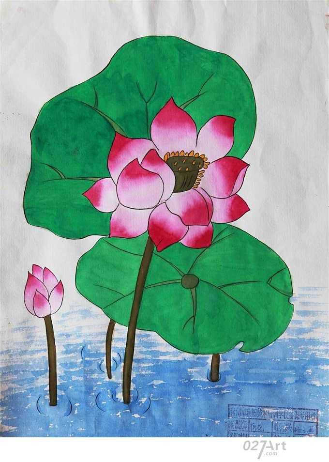 儿童画荷花荷叶绘画:盛开的红莲