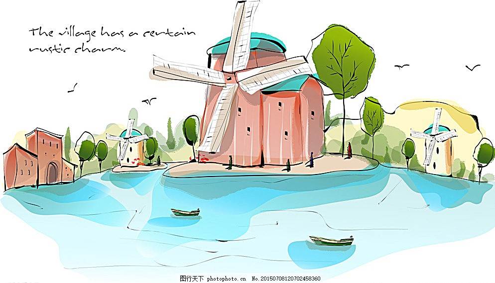 荷兰风车水彩画 荷兰风车风景彩铅画